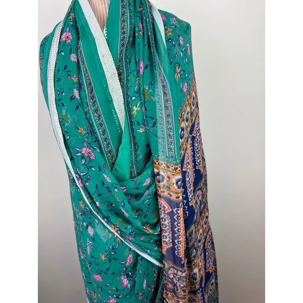 Green Brown Long Scarf Silk Floral Around Neck Rectangle Shaped Regular Fit